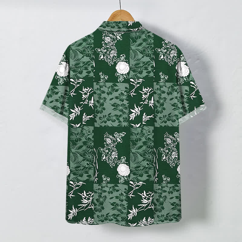 Buddha Stones Blue Plaid Floral Pattern Buttons Breathable Men's Short Sleeve Shirt - image 7
