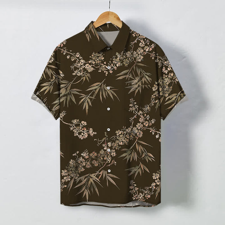 Buddha Stones Bamboo Plum Blossom Pattern Buttons Breathable Men's Short Sleeve Shirt - SaddleBrown - US/UK/AU48，EU58 (4XL) - image 0
