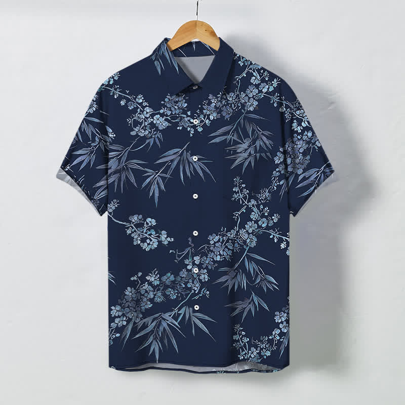 Buddha Stones Bamboo Plum Blossom Pattern Buttons Breathable Men's Short Sleeve Shirt - Navy - US/UK/AU48，EU58 (4XL) - image 10