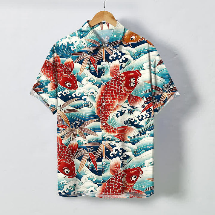 Buddha Stones Koi Wave Bamboo Pattern Buttons Breathable Men's Short Sleeve Shirt - Turquoise - US/UK/AU48，EU58 (4XL) - image 0