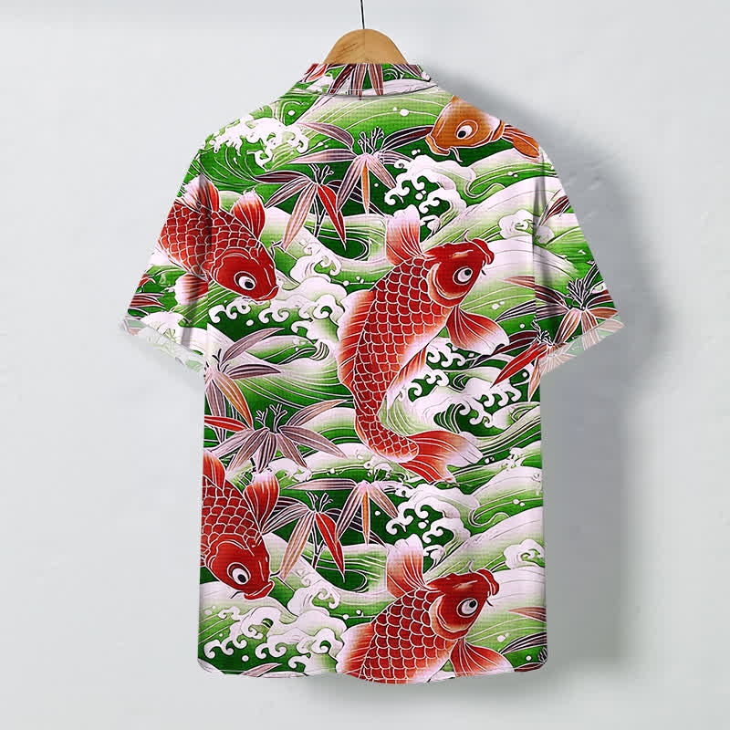 Buddha Stones Koi Wave Bamboo Pattern Buttons Breathable Men's Short Sleeve Shirt - image 7
