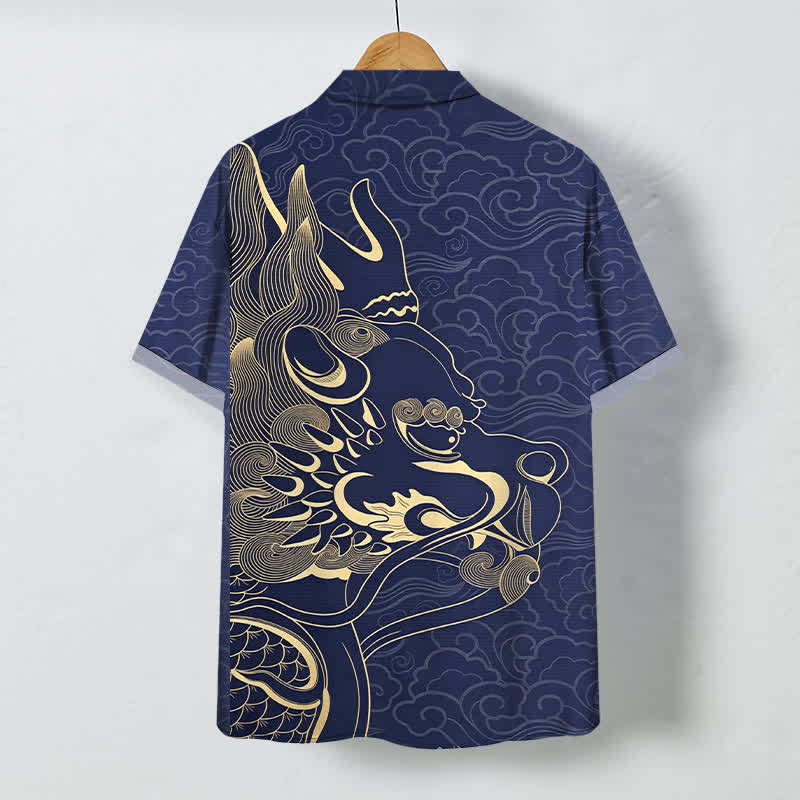 Buddha Stones Golden Dragon Cloud Pattern Buttons Wrinkle-resistant Men's Short Sleeve Shirt - image 1