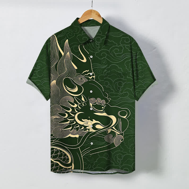 Buddha Stones Golden Dragon Cloud Pattern Buttons Wrinkle-resistant Men's Short Sleeve Shirt - ForestGreen - US/UK/AU48，EU58 (4XL) - image 10