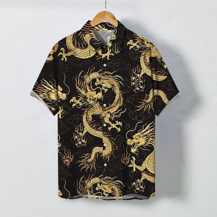 Buddha Stones Golden Dragon Cloud Pattern Buttons Wrinkle-resistant Men's Short Sleeve Shirt - SaddleBrown - US/UK/AU48，EU58 (4XL) - image 0