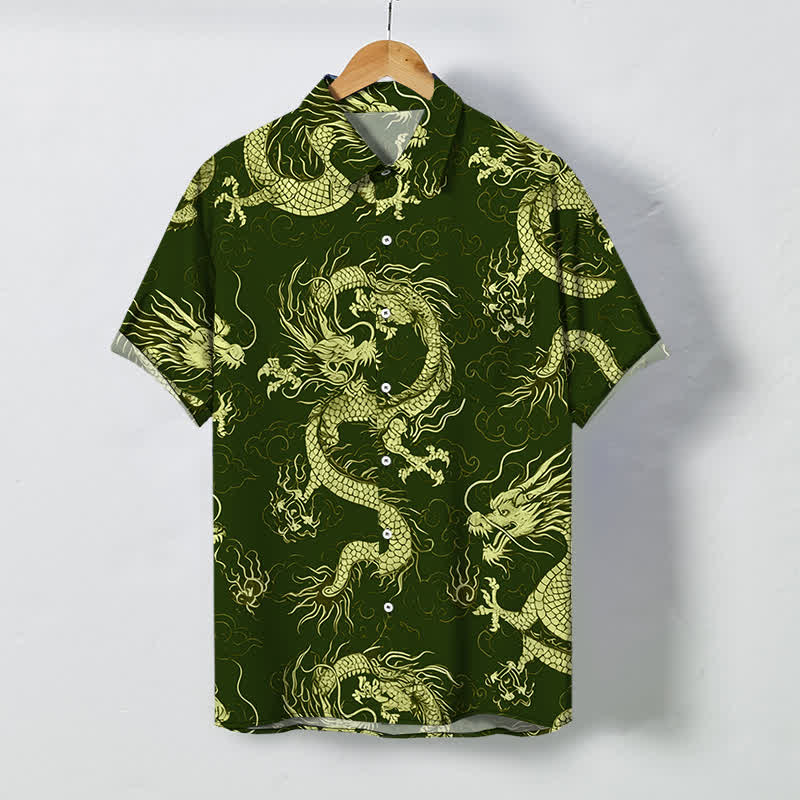 Buddha Stones Golden Dragon Cloud Pattern Buttons Wrinkle-resistant Men's Short Sleeve Shirt - DarkOliveGreen - US/UK/AU48，EU58 (4XL) - image 5