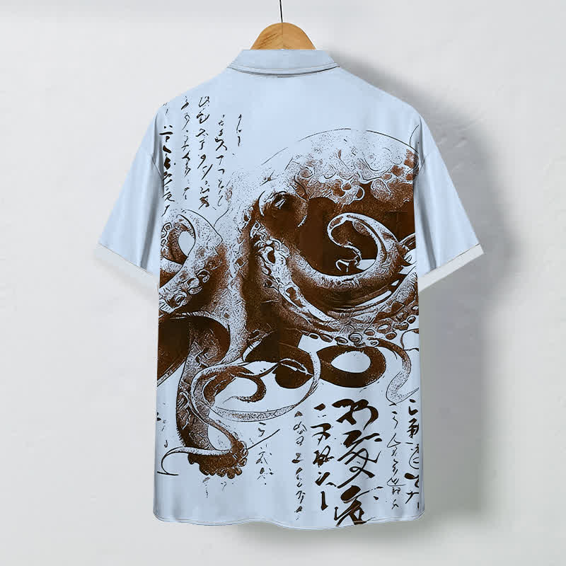 Buddha Stones Japanese Octopus Calligraphy Pattern Buttons Wrinkle-resistant Men's Short Sleeve Shirt - image 4