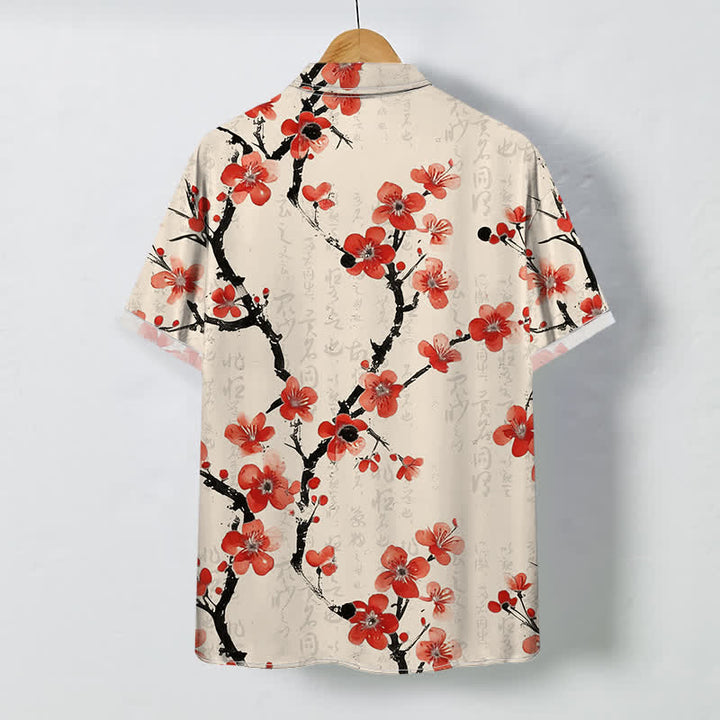 Buddha Stones Red Plum Blossom Branch Pattern Buttons Wrinkle-resistant Men's Short Sleeve Shirt - image 1