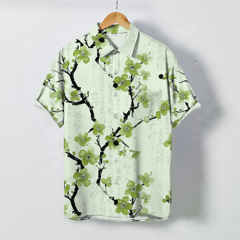 Buddha Stones Red Plum Blossom Branch Pattern Buttons Wrinkle-resistant Men's Short Sleeve Shirt - Honeydew - US/UK/AU48，EU58 (4XL) - image 6
