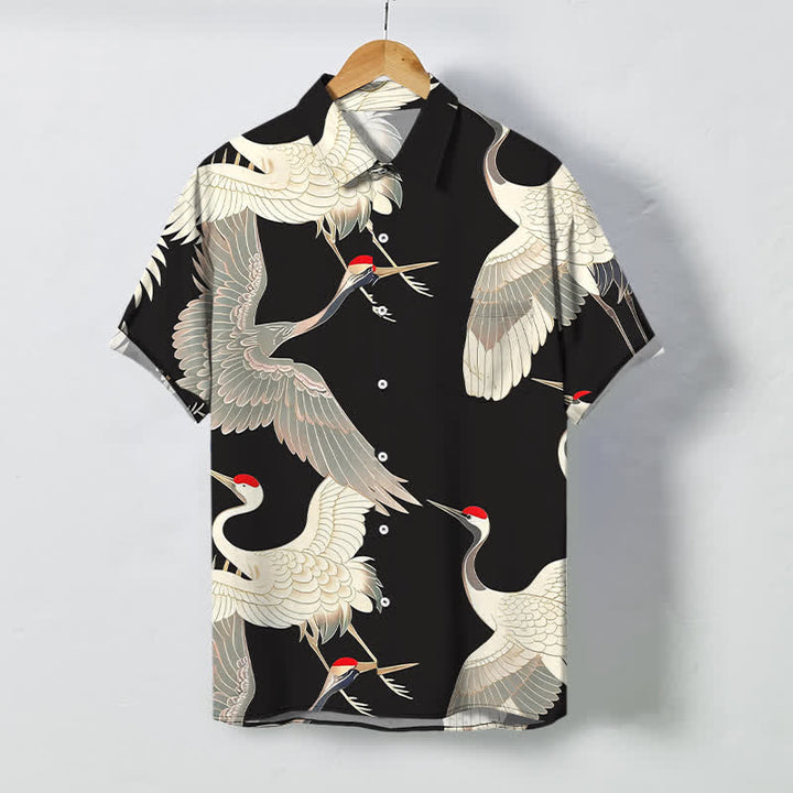Buddha Stones Flying Red-crowned Crane Pattern Buttons Wrinkle-resistant Men's Short Sleeve Shirt - Black - US/UK/AU48，EU58 (4XL) - image 0