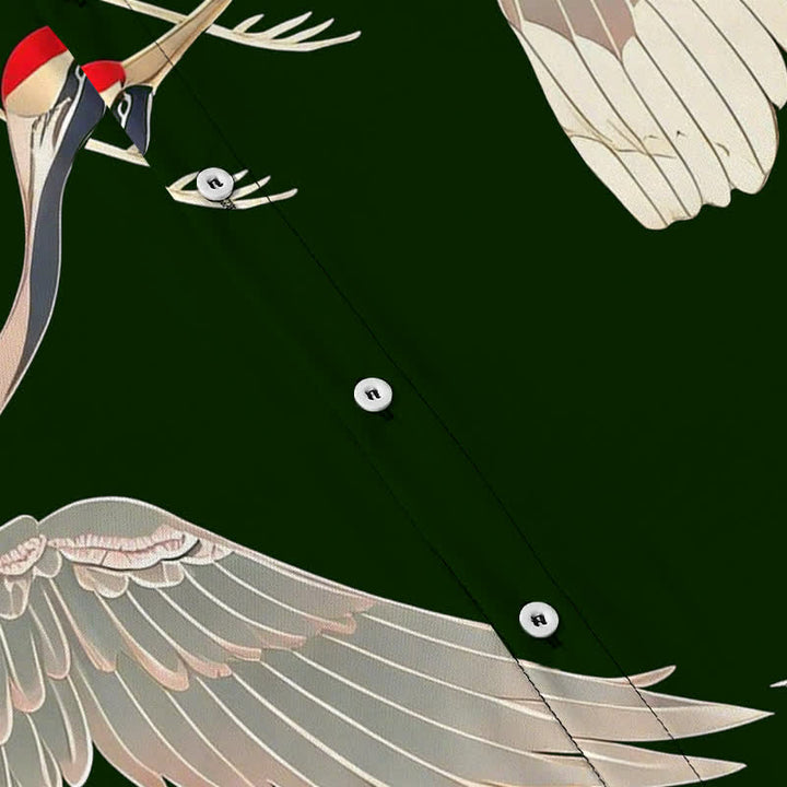 Buddha Stones Flying Red-crowned Crane Pattern Buttons Wrinkle-resistant Men's Short Sleeve Shirt - image 8