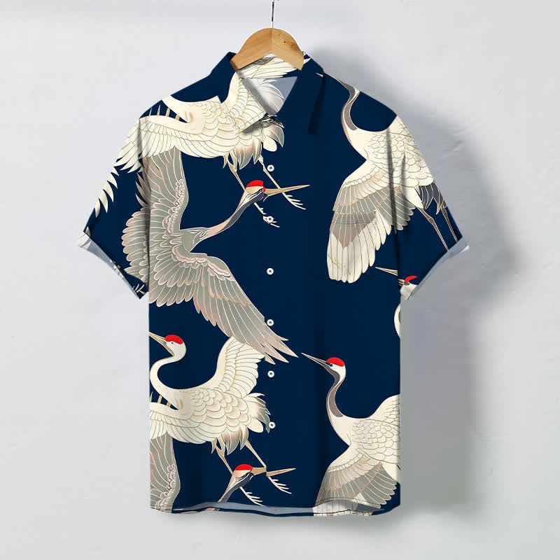 Buddha Stones Flying Red-crowned Crane Pattern Buttons Wrinkle-resistant Men's Short Sleeve Shirt - Navy - US/UK/AU48，EU58 (4XL) - image 10