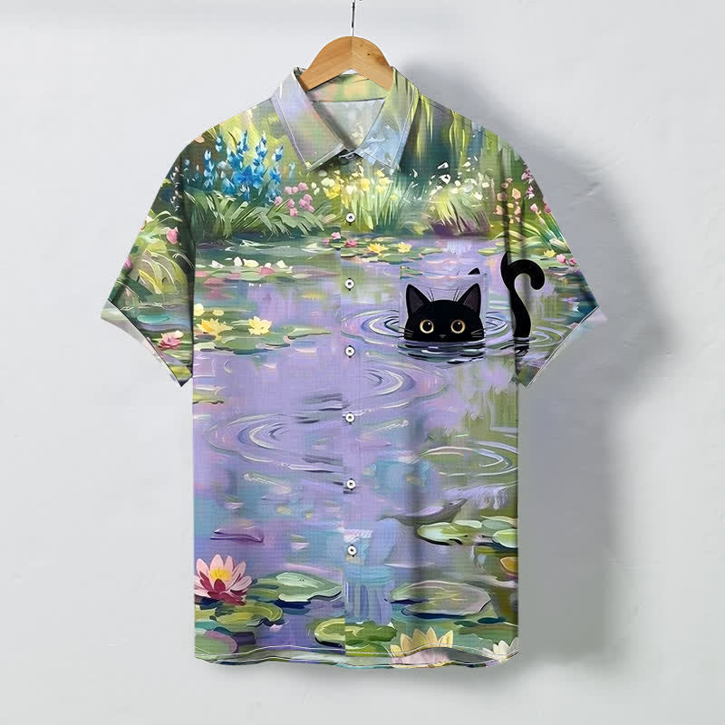 Buddha Stones Water Lily Black Cat Pattern Buttons Breathable Men's Short Sleeve Shirt - Lavender - US/UK/AU48，EU58 (4XL) - image 0