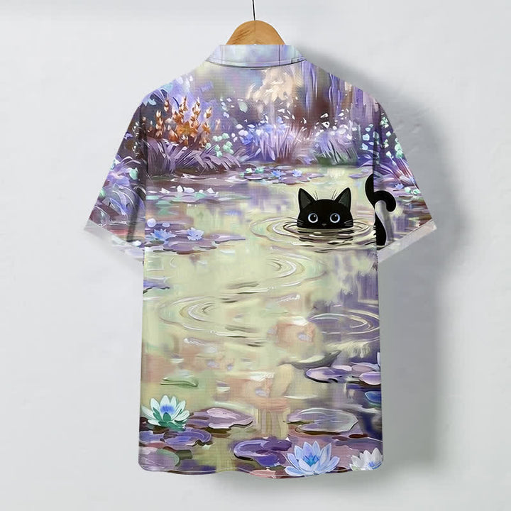 Buddha Stones Water Lily Black Cat Pattern Buttons Breathable Men's Short Sleeve Shirt - Beige - US/UK/AU48，EU58 (4XL) - image 4