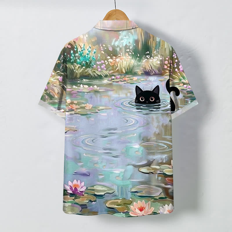 Buddha Stones Water Lily Black Cat Pattern Buttons Breathable Men's Short Sleeve Shirt - image 7