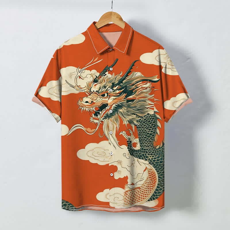 Buddha Stones Chinese Dragon Cloud Pattern Buttons Wrinkle-resistant Men's Short Sleeve Shirt - Orange - US/UK/AU48，EU58 (4XL) - image 0