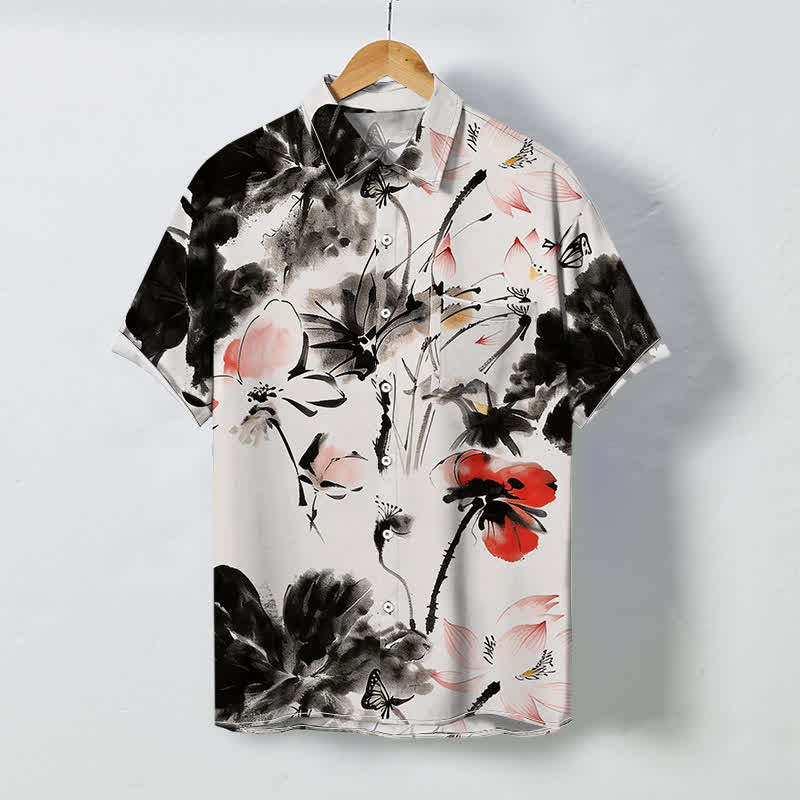 Buddha Stones Ink Floral Blossom Pattern Buttons Breathable Men's Short Sleeve Shirt - Beige - US/UK/AU48，EU58 (4XL) - image 0