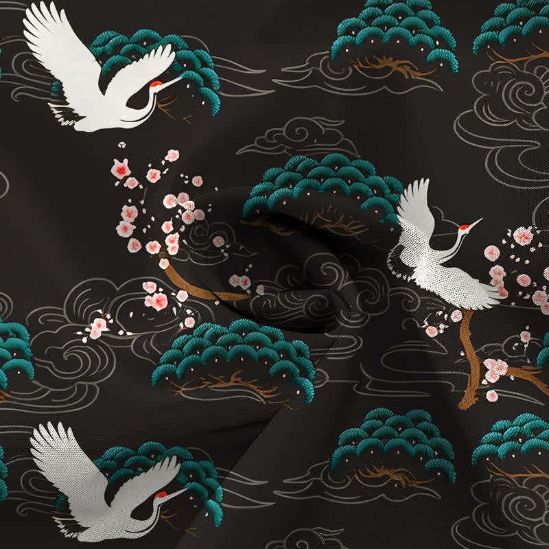 Buddha Stones Crane Pine Blossom Cloud Pattern Buttons Breathable Men's Short Sleeve Shirt - image 4