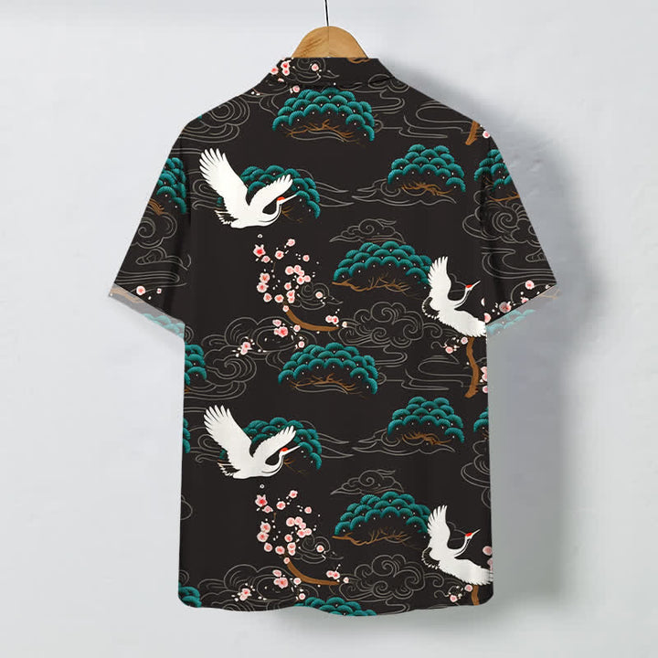 Buddha Stones Crane Pine Blossom Cloud Pattern Buttons Breathable Men's Short Sleeve Shirt - image 1