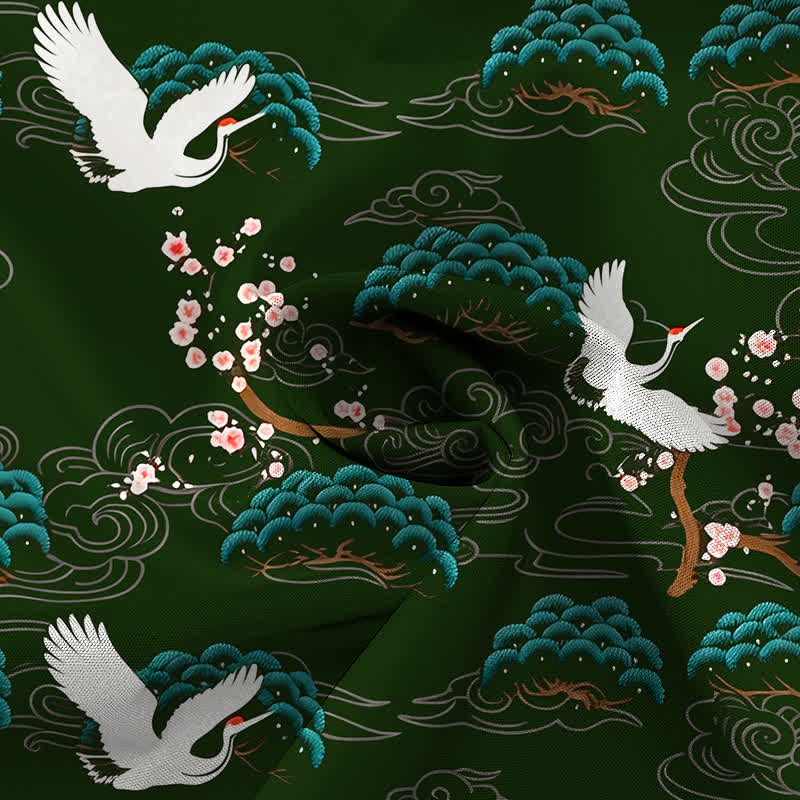 Buddha Stones Crane Pine Blossom Cloud Pattern Buttons Breathable Men's Short Sleeve Shirt - image 9
