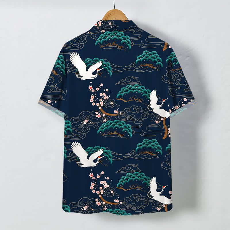 Buddha Stones Crane Pine Blossom Cloud Pattern Buttons Breathable Men's Short Sleeve Shirt - image 11