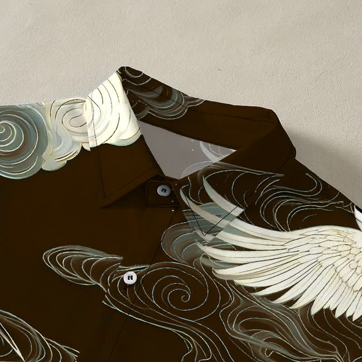 Buddha Stones Flying Red-crowned Crane Auspicious Clouds Pattern Buttons Wrinkle-resistant Men's Short Sleeve Shirt - image 7