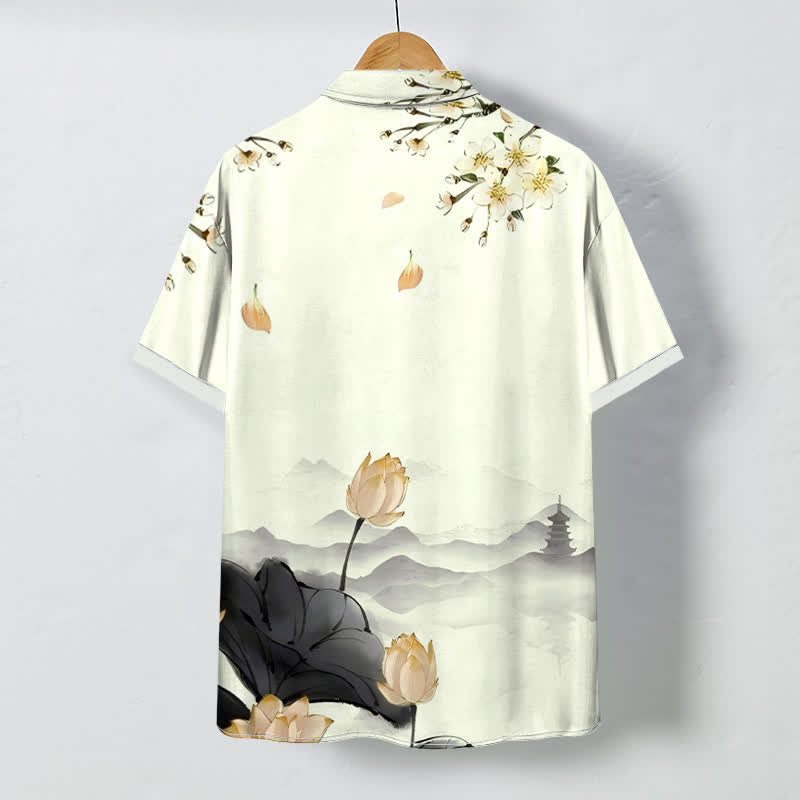 Buddha Stones Lotus Mountain Pagoda Pattern Buttons Wrinkle-resistant Men's Short Sleeve Shirt - image 4