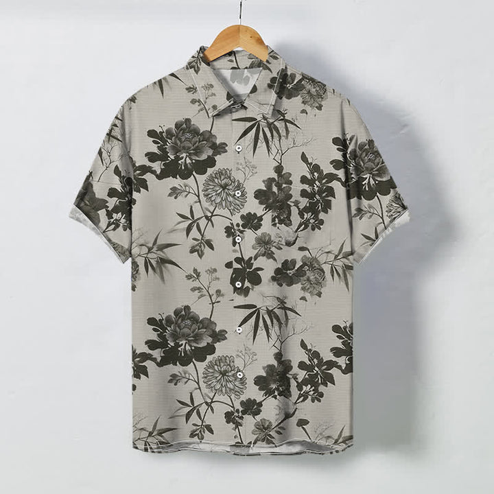 Buddha Stones Dark Floral Bamboo Leaf Pattern Buttons Breathable Men's Short Sleeve Shirt - LightGrey - US/UK/AU48，EU58 (4XL) - image 0