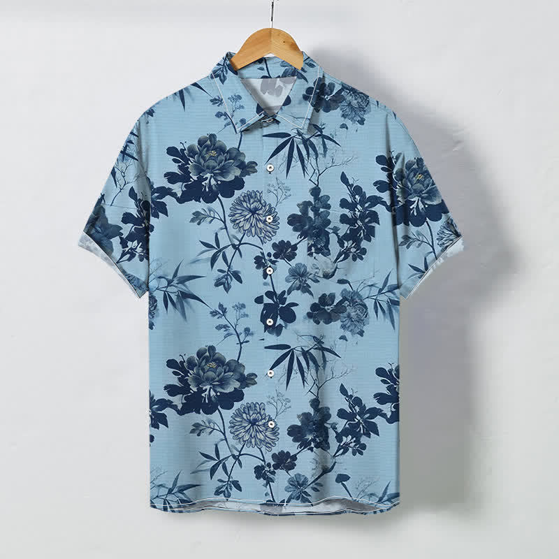 Buddha Stones Dark Floral Bamboo Leaf Pattern Buttons Breathable Men's Short Sleeve Shirt - LightBlue - US/UK/AU48，EU58 (4XL) - image 3