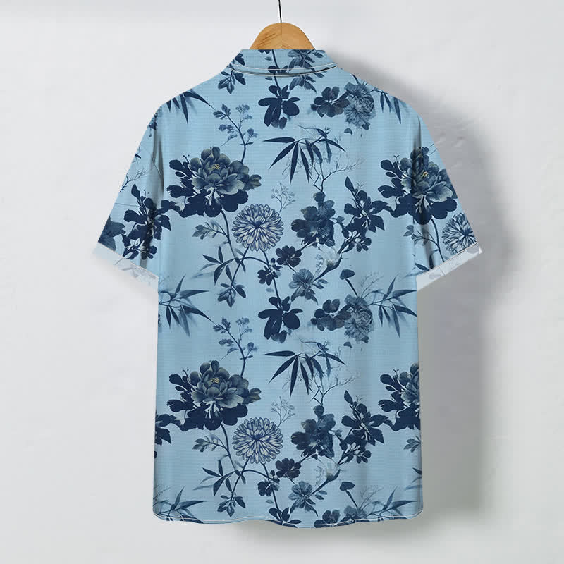 Buddha Stones Dark Floral Bamboo Leaf Pattern Buttons Breathable Men's Short Sleeve Shirt - image 4