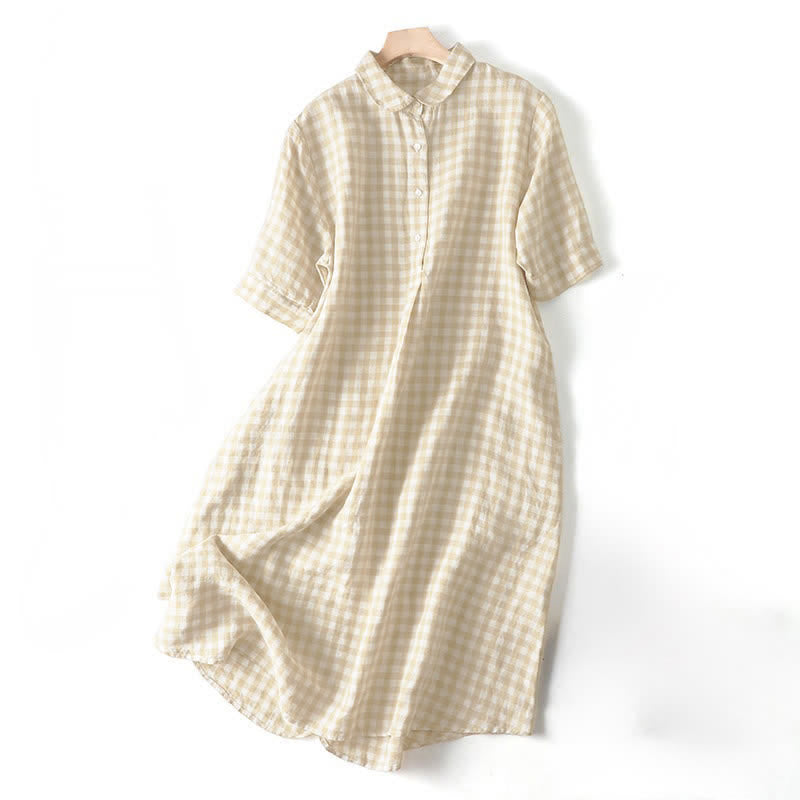 Buddha Stones Summer Casual Vintage Button-Up Plaid Women's Short Sleeve Dresses - Wheat - US12，UK/AU16，EU44 (2XL) - image 0