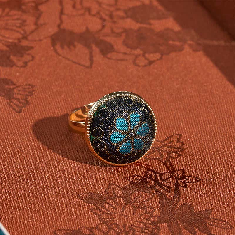 Buddha Stones Handmade Song Brocade Floral Pattern Blessing Adjustable Round Ring - image 1
