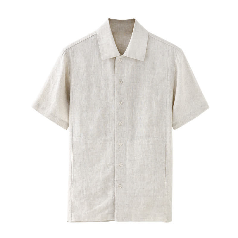 Buddha Stones Summer Minimalist Button-Up Solid Cotton Linen Men's Short Sleeve Shirts With Pocket - image 5