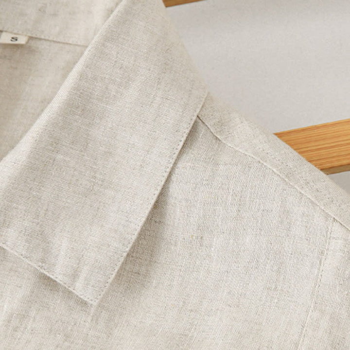 Buddha Stones Summer Minimalist Button-Up Solid Cotton Linen Men's Short Sleeve Shirts With Pocket - image 11