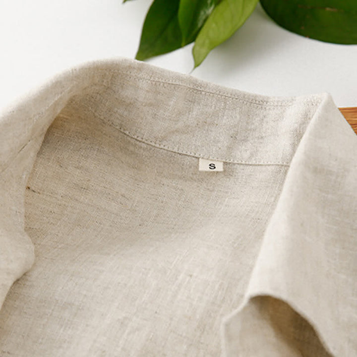 Buddha Stones Summer Minimalist Button-Up Solid Cotton Linen Men's Short Sleeve Shirts With Pocket - image 10