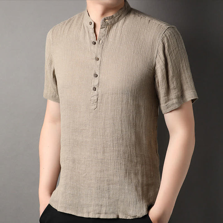 Buddha Stones Summer Casual Tang Style Mandarin Collar Solid Linen Men's Short Sleeve Shirts - image 2