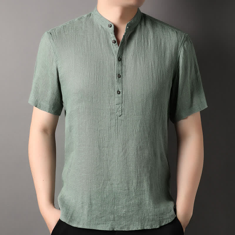Buddha Stones Summer Casual Tang Style Mandarin Collar Solid Linen Men's Short Sleeve Shirts - DarkSeaGreen - US/UK/AU44，EU54 (4XL) - image 16