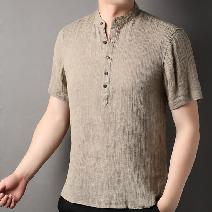 Buddha Stones Summer Casual Tang Style Mandarin Collar Solid Linen Men's Short Sleeve Shirts - image 3