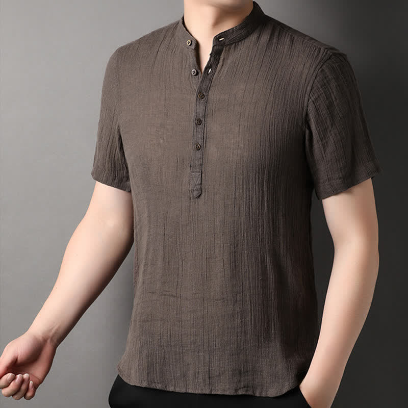 Buddha Stones Summer Casual Tang Style Mandarin Collar Solid Linen Men's Short Sleeve Shirts - image 14