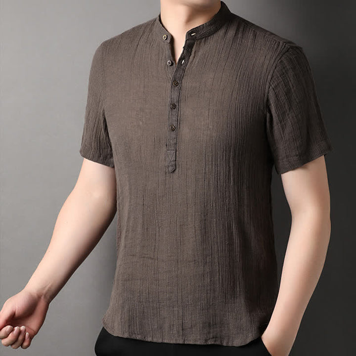 Buddha Stones Summer Casual Tang Style Mandarin Collar Solid Linen Men's Short Sleeve Shirts - image 14