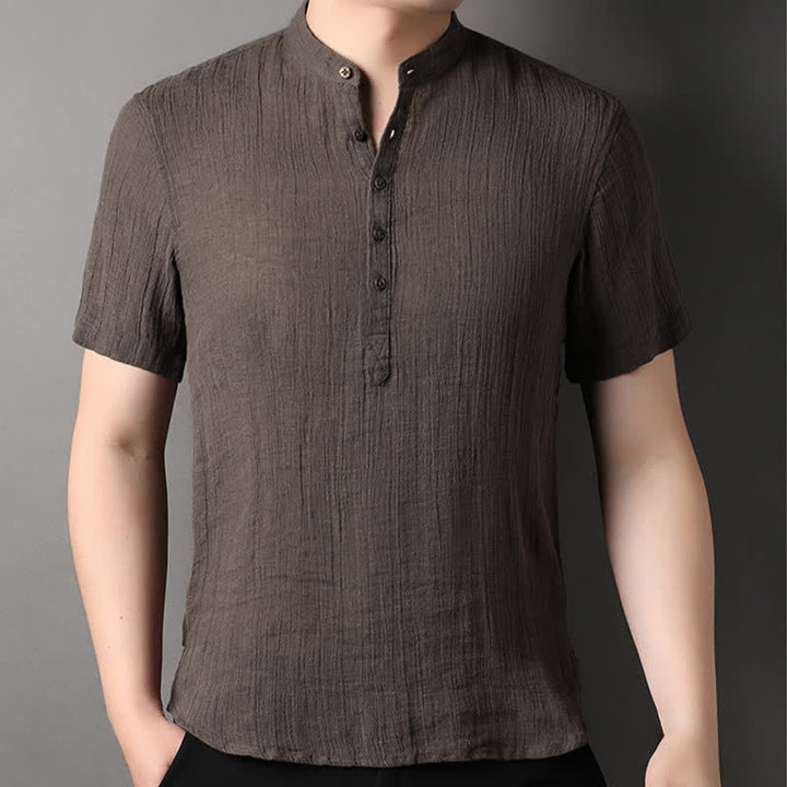 Buddha Stones Summer Casual Tang Style Mandarin Collar Solid Linen Men's Short Sleeve Shirts - image 15