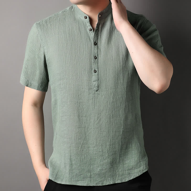 Buddha Stones Summer Casual Tang Style Mandarin Collar Solid Linen Men's Short Sleeve Shirts - image 18