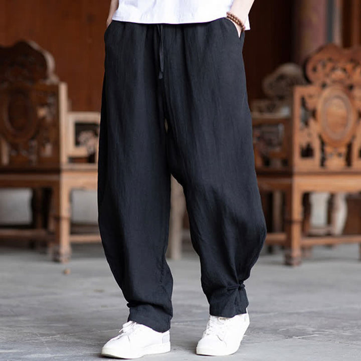 Buddha Stones Summer Casual Vintage Drawstring Elastic Waist Solid Ankle Pants Men's Tapered Pants - Black - US/UK/AU46，EU56 (5XL) - image 11