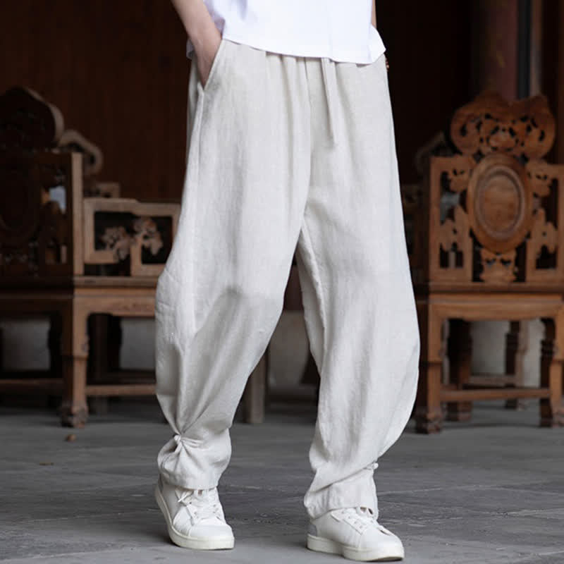 Buddha Stones Summer Casual Vintage Drawstring Elastic Waist Solid Ankle Pants Men's Tapered Pants - image 4