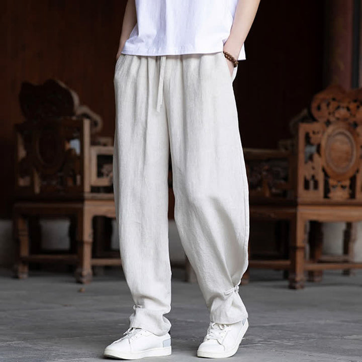 Buddha Stones Summer Casual Vintage Drawstring Elastic Waist Solid Ankle Pants Men's Tapered Pants - image 2