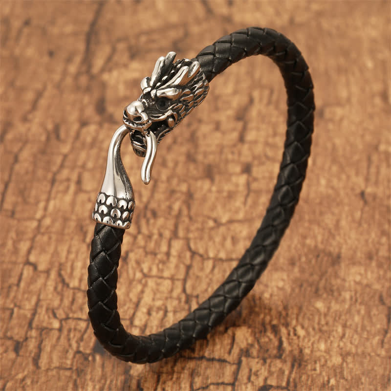 Buddha Stones Braided Leather Dragon Strength Punk Bracelet - Black - 7.9–8.3 in (20–21 cm) - image 0