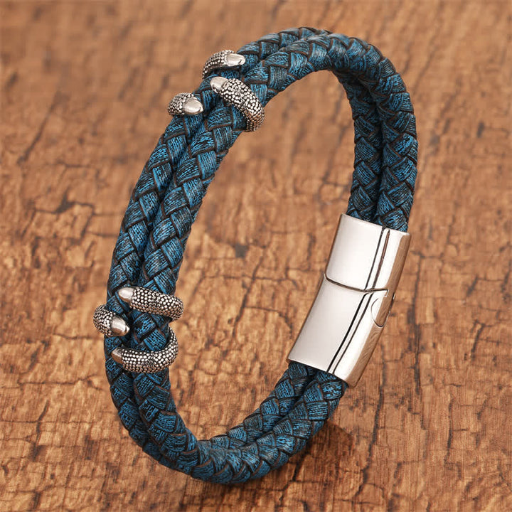 Buddha Stones Braided Leather Dragon Claw Strength Stainless Steel Bracelet - Blue - 7.9–8.3 in (20–21 cm) - image 0