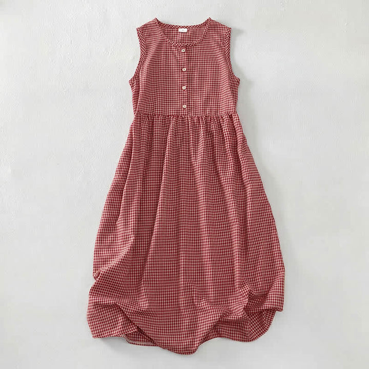 Buddha Stones Summer Vintage Button-Up Plaid Crew Neck Cotton Women's Summer Sleeveless Dress With Pocket - Red - US16，UK/AU20，EU48 (3XL) - image 0