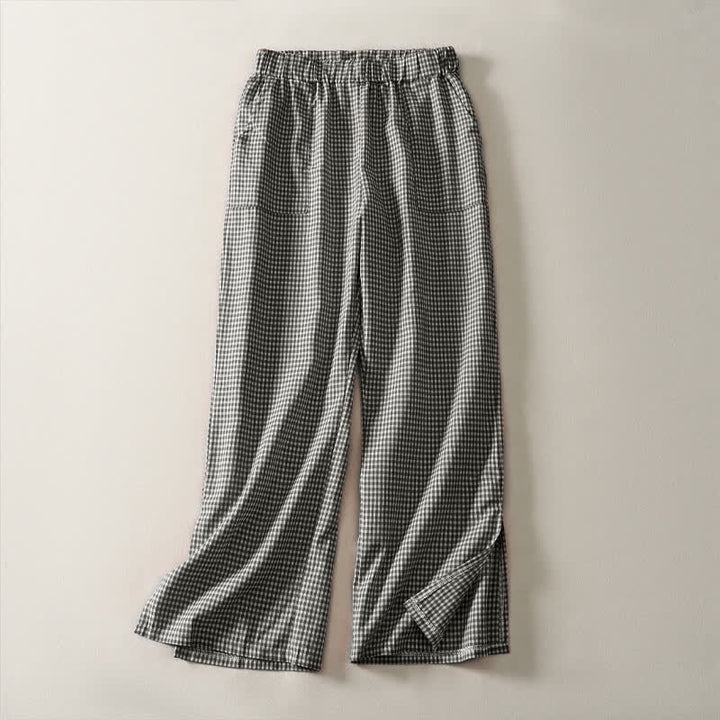 Buddha Stones Spring Summer Casual Vintage Drawstring Plaid Cotton Cropped Pants Women's Straight Leg Pants With Pockets - Black - US14，UK/AU18，EU46 (3XL) - image 7