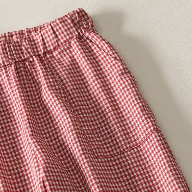 Buddha Stones Spring Summer Casual Vintage Drawstring Plaid Cotton Cropped Pants Women's Straight Leg Pants With Pockets - image 3