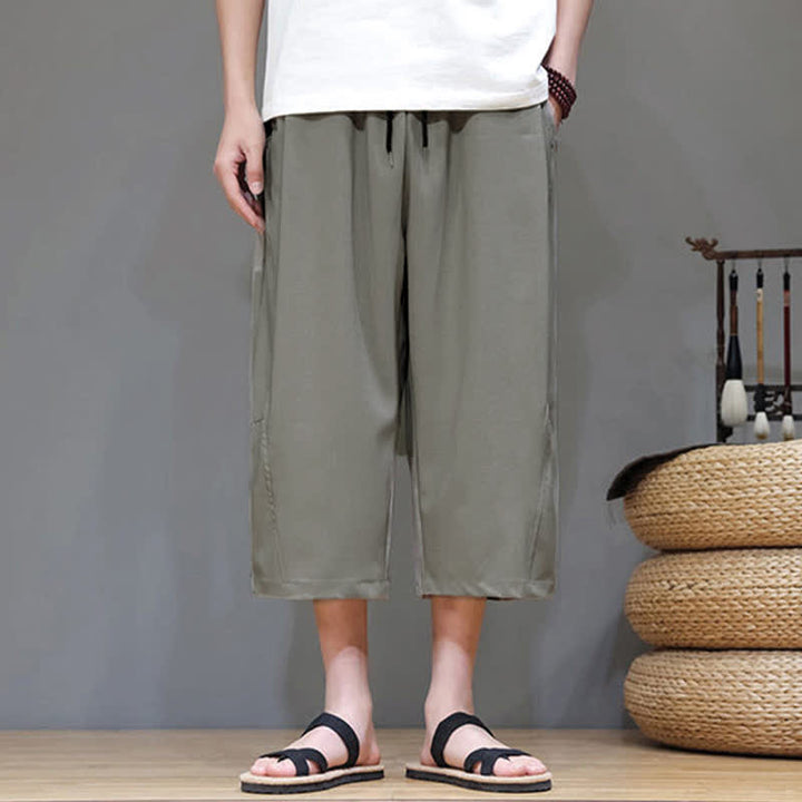 Buddha Stones Summer Casual Minimalist Drawstring Solid Men's Cropped Pants With Pocket - image 1